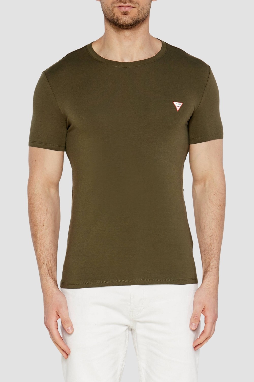 GUESS Zielony męski t-shirt z okrągłym dekoltem