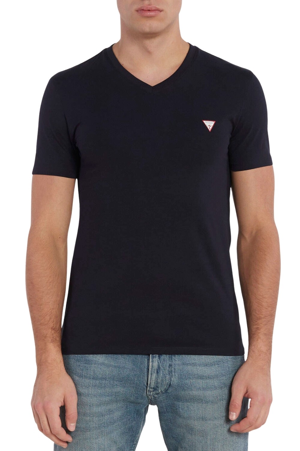 GUESS Granatowy męski t-shirt z małym logo