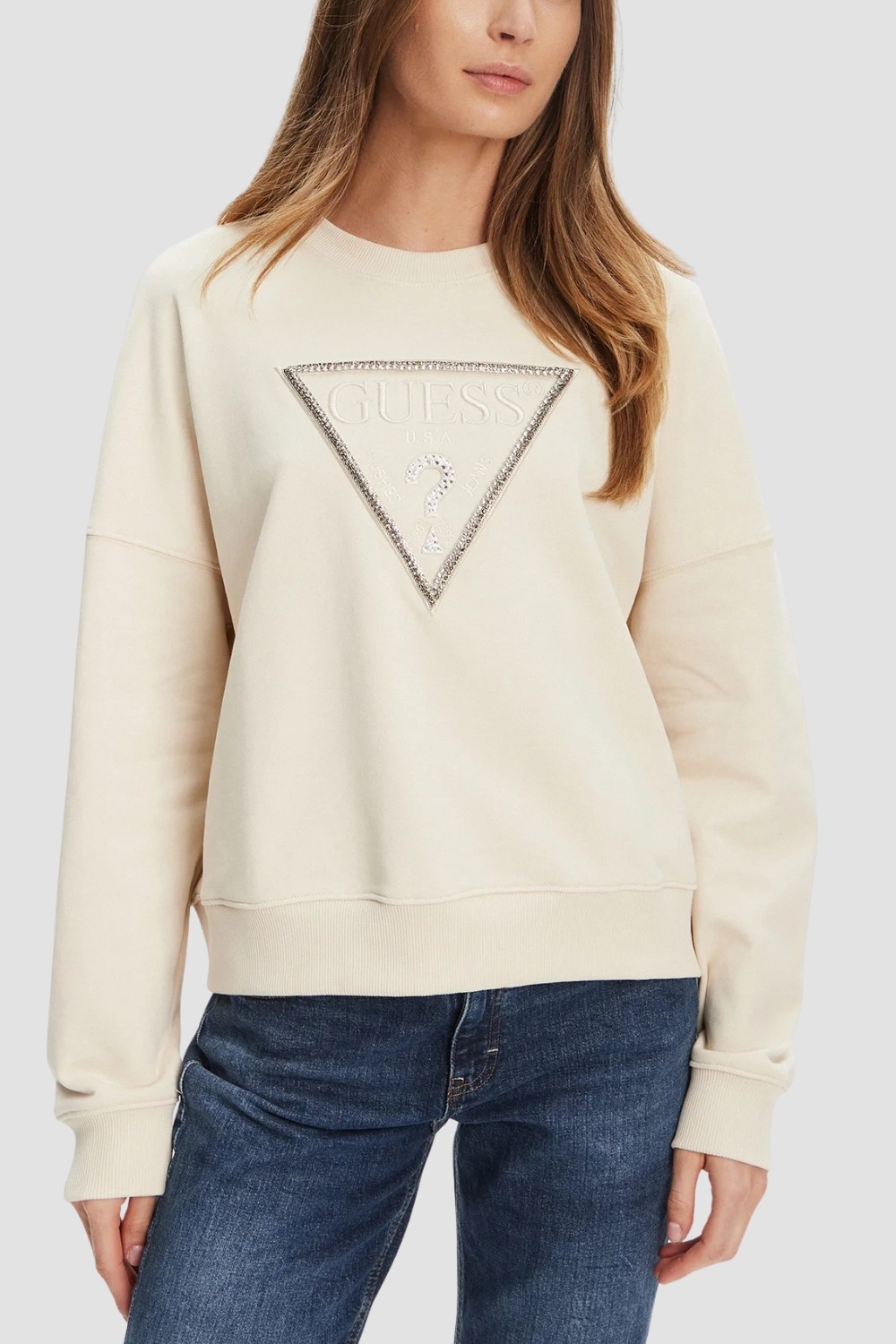 GUESS Beżowa damska bluza z cyrkoniami Rachele