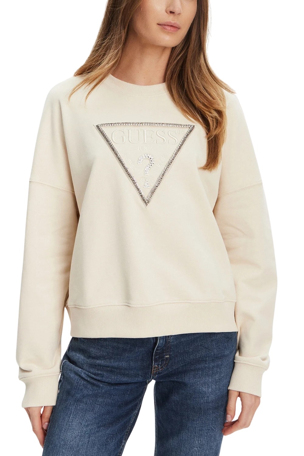 GUESS Beżowa damska bluza z cyrkoniami Rachele