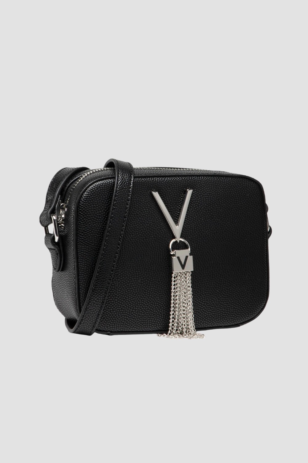 VALENTINO Geantă mică din piele texturată neagră cu V decorativ divina haversack